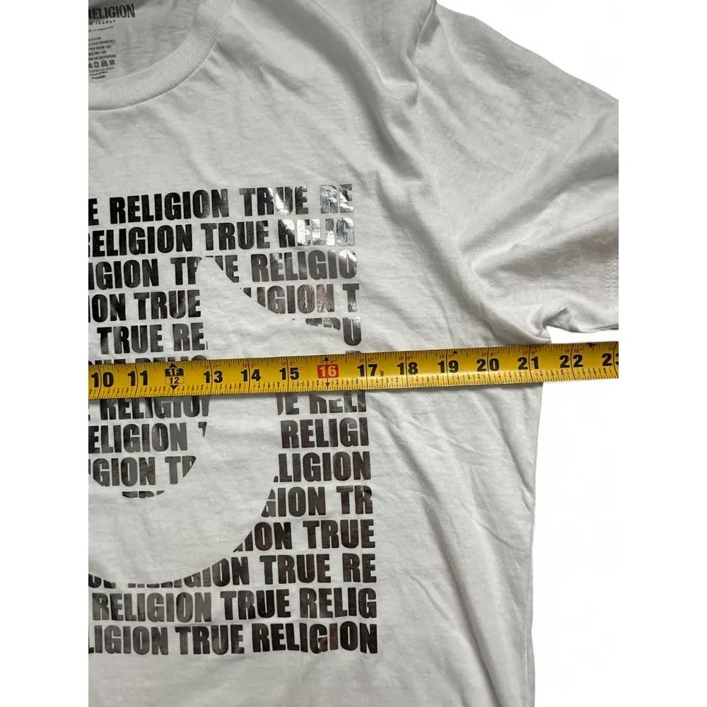 NWT True‎ Religion Brand Script All Over Silver Foil Graphic White Shirt Size L